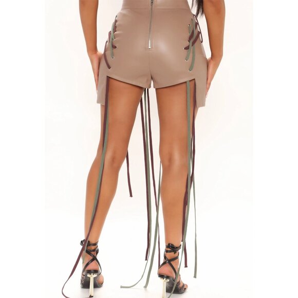 No Strings Attached Faux Leather Lace-Up Shorts by Fashion Nova - Taupe - M - Picture 5 of 5
